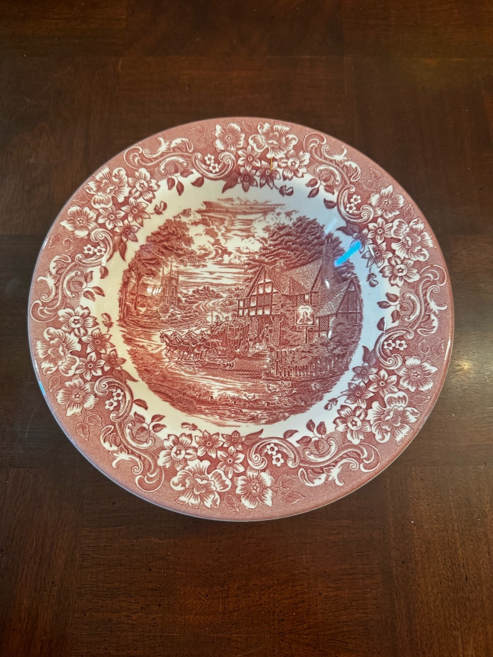 Staffordshire Engravings 17th Century Pink Transferware Rimmed Soup Bowl